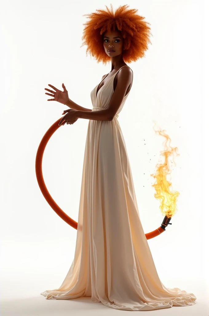 Create an image of a slim woman with copper-colored afro curls,with a delicate long modern dress, You&#39;re holding a fire hose in your hands, The Spanish card is represented by the Jack. White background 