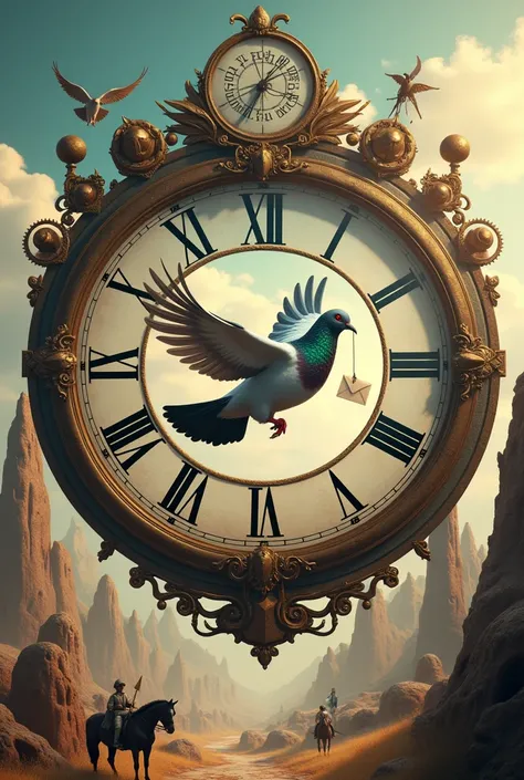 A carrier pigeon carrying  a letter in the middle of a big clock  representing the evolution of communication with horses, cave men , smoke signals , and ancient communicayion devices
