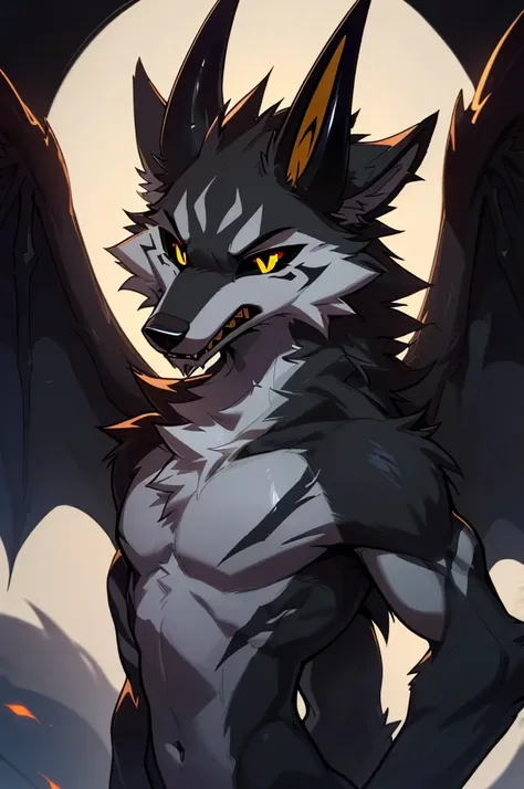 close up, upper body portrait, upper body bust, furry, anthro, ((demon wolf, wolf ears, fluff wolf tail, demon horns)), ((all pure black colored fur, shadow fur, no markings,)), messy fur, neck floof, ((black sclera, yellow pupils, four eyes)), razor sharp...