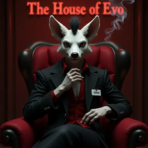 binatang lalaki wearing a black coat with a red inside and  a cigarette and with a name tag SANMAO on it, holdingand his hair is only three PIECES and there is a little smoke in the Back. It says THE HOUSE OF EVO on the back 
sitting on the Luxury chair (r...