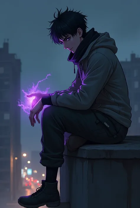 Make me a picture of a boy with short hair and bangs, and with a scarf covering his mouth and nose and a windbreaker and loose cargo pants, that the 1 boy who is thin and tall with serious eyes and who has a purple aura coming out of his hands and who has ...