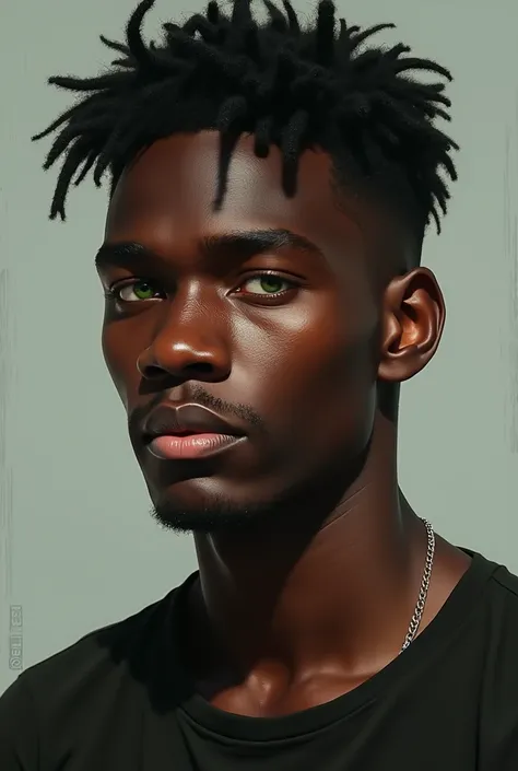 Black man with short messy hair and white , yeux verts  