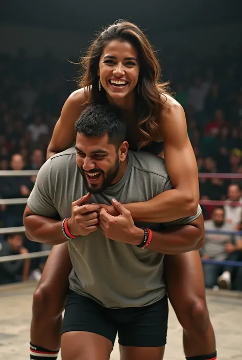 Create a realistic photograph of a smiling and beautiful sexy hot turkish brunette woman carrying a tshirt wearing large stout indian man on her shoulder , in a wrestling match, man is sitting on top of her shoulder, man on top, woman standing at bottom 