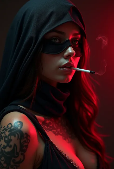 Brunette woman with long hair, tattooed and sensual, They wear a balaclava  , blowing tobacco smoke out of his mouth . Posing in close-up . Image with black background and red flashes .