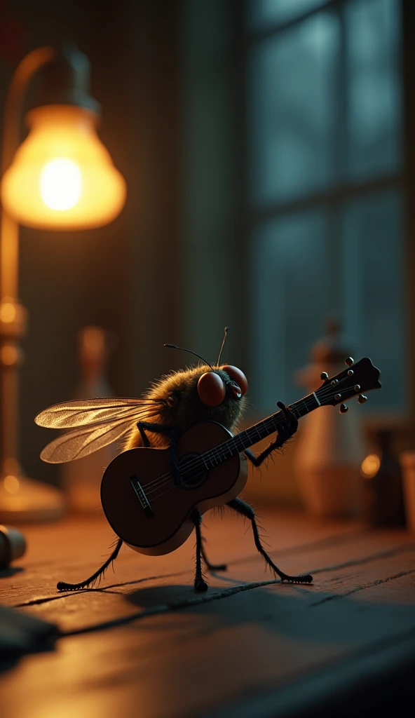 A fly plays the guitar at night under the light of a dim lamp