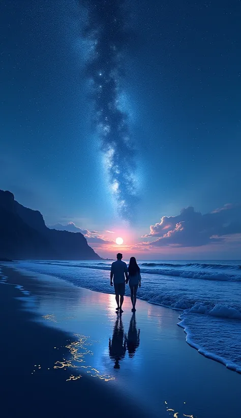 a couple walking on the beach at night, night sky background, night background, alena aenami and artgerm, background is made of stars, night landscape background, alena aenami and android jones, sky and ocean background, ocean background, style of alena ae...