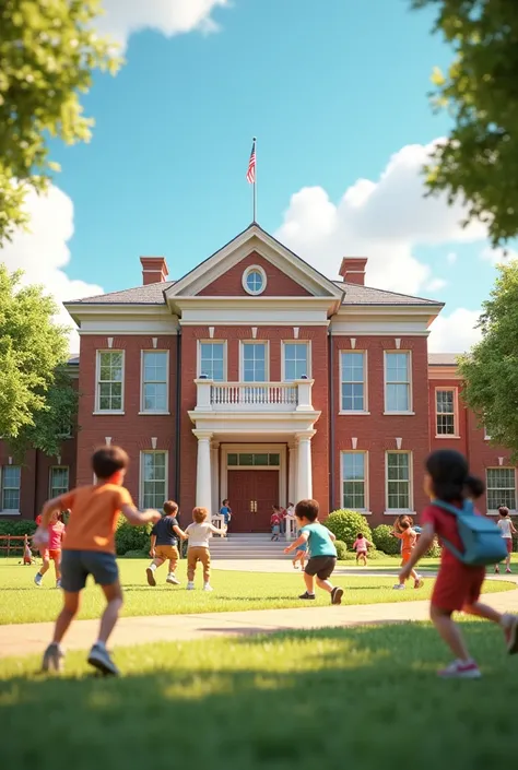 I want a 3d image of a school from the front, with children