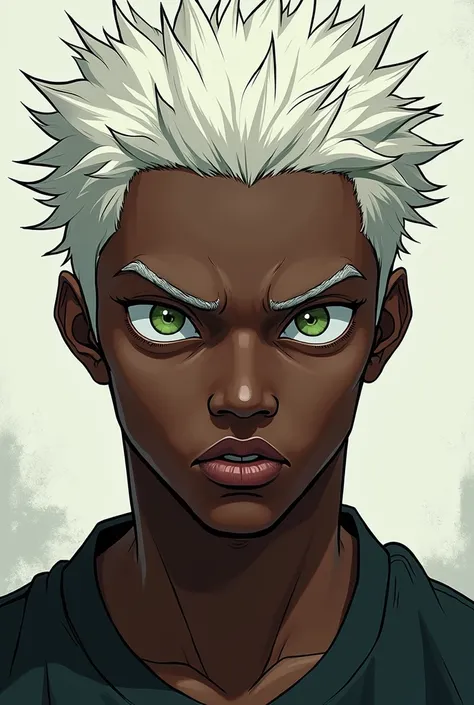 Black man with short white hair , yeux verts  style manga