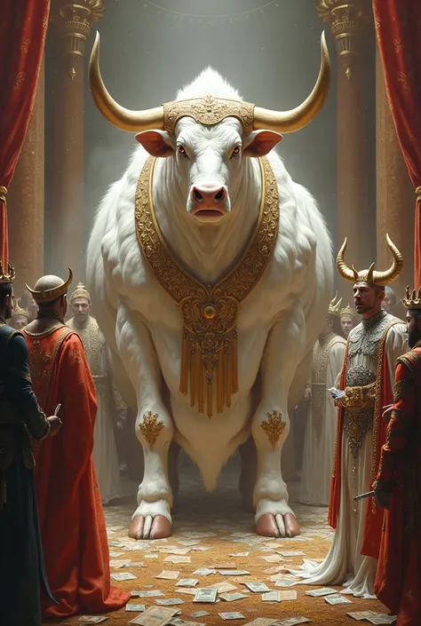 The white bull stands majestically and fearsomely, with a sacred title and speech, surrounded by servants, money, and wealth, together with the deer king, wearing silver and gems.