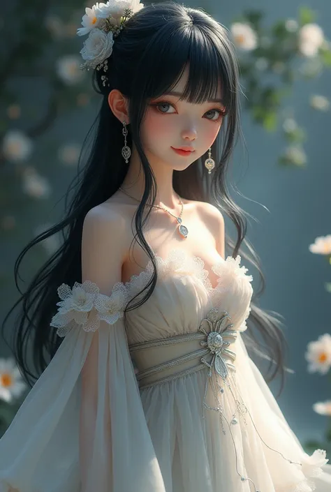 [Anime 3D style role-playing game], mythology, fantasy, ethereal, soft silk, flowing chiffon, floating lace, masterpiece, ultra detailed rendering, 1girl full body,  jet black long hair, bangs, extremely cute girl face, dumpling cheeks, peach blossom eyes,...