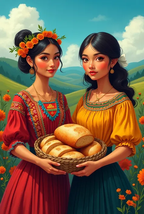 Mexican humans but with a loaf of bread and a cempasuchilt flower