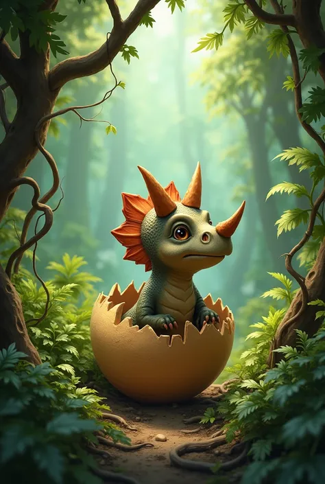 Image of an egg breaking with a small triceratops coming out in the forest