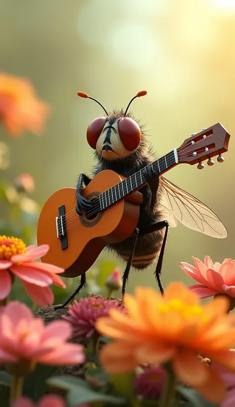 A fly plays the guitar among the flowers in the early morning