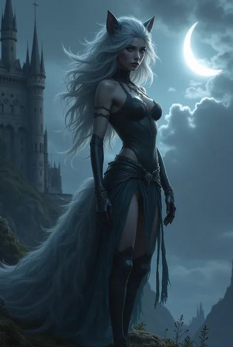 A humanoid wolf woman in her early 20s with grey colored eyes, great physique, great beauty, grey voluminous hair and grey tail, with the background being at night clear sky with a crescent moon in the sky, a tall royal castle in the colors of dark grey an...