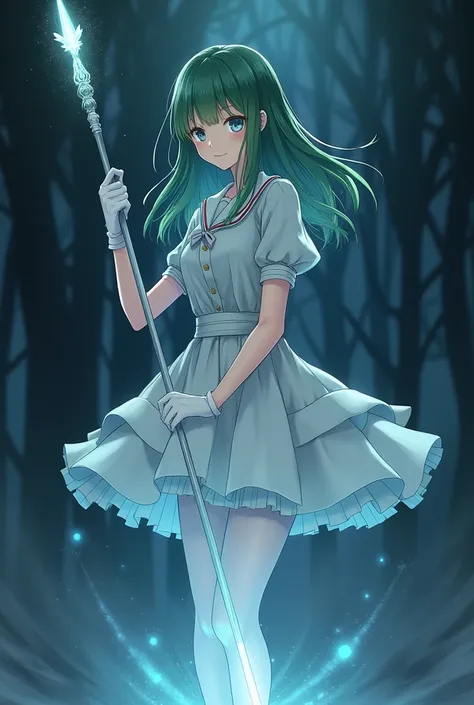 In the Dark，White short-sleeved school uniform，White pleated skirt，white pantyhose，White gloves，Green long hair anime girl，magic spear