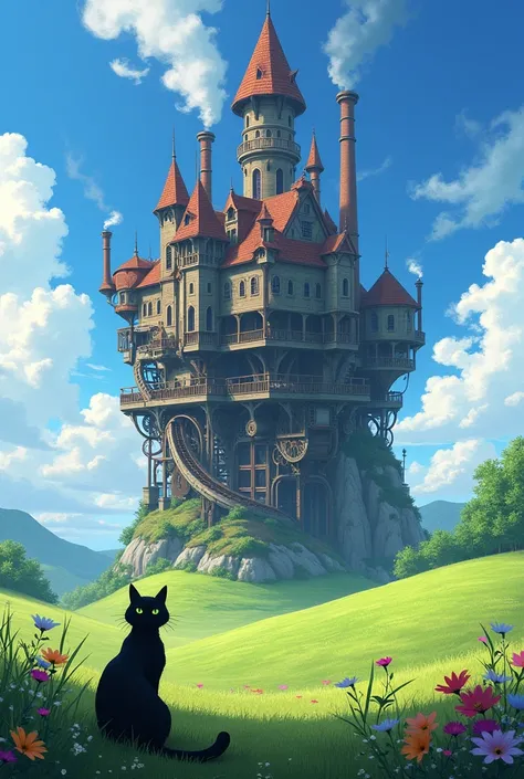 Create the amazing howl&#39;s moving castle in a field resting with a black cat outside 