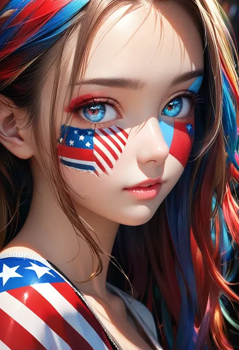 portrait, cool beauty, face painting, for watching sports, striking beautiful eyes, glossy silky messy hair, amorous and lewd expression, perfect proportions, background colorful patchwork reminiscent of national flags, delicate and dynamic textures, contr...