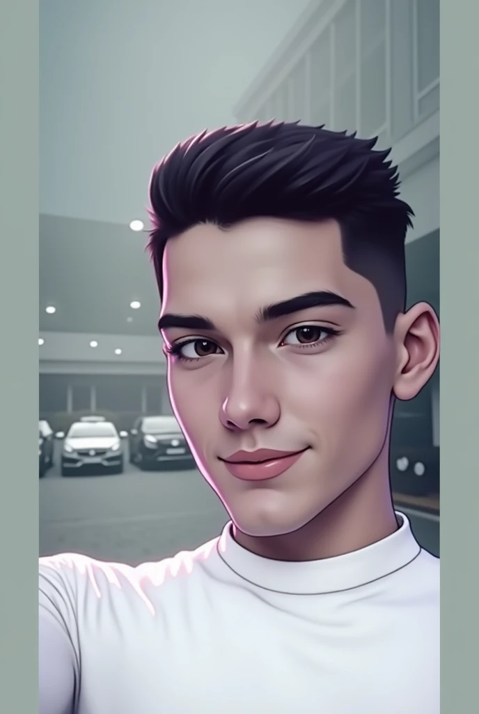 "A 2 young man with a square-shaped face, short hair, and a slim, defined body standing confidently in front of a sleek Mercedes car in an upscale parking lot. The man is casually dressed in a fitted T-shirt and jeans. The scene is ultra-realistic, with de...