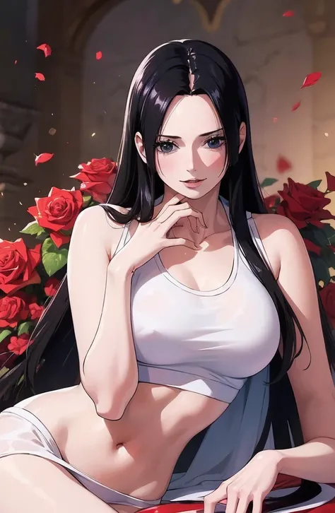 best quality, Masterpiece, Highly detailed,1 girl,  ((rose)), (vine), cage, bandage, Red Rope, (detailed lighting), falling rose petals, Boa Hancock, (no:1.5), (Masterpiece:1.5), Detailed photos, smile, sexy, (8K, realistic, best quality: 1.4), (1 girl), b...