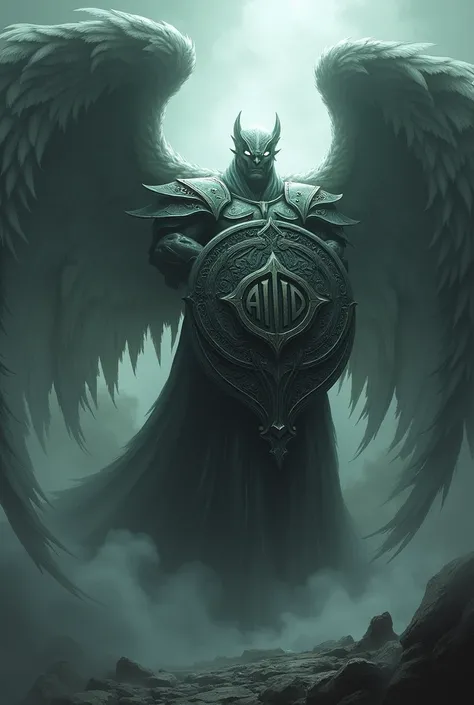 Create an angel of death with a medieval shield and that has the initials AOD and title Angel Of Death 