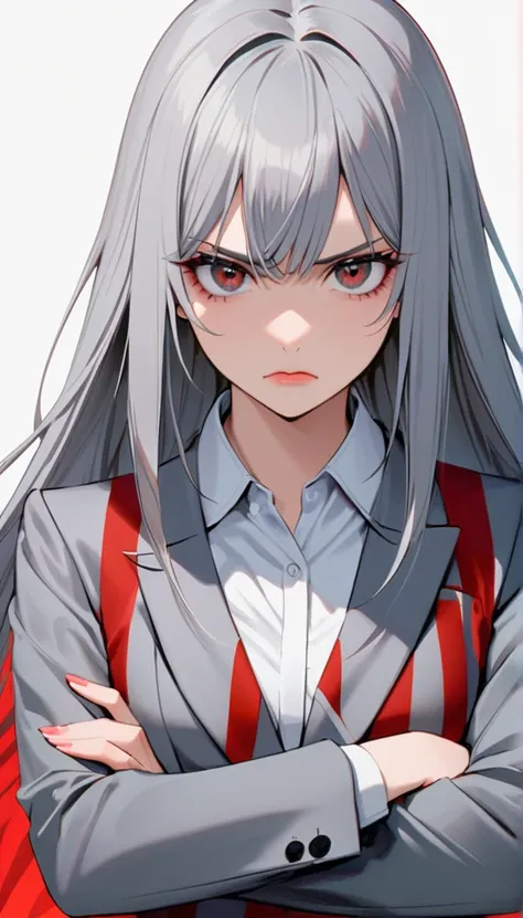 1woman, solo, gray hair, long hair, black eyes, droopy eyes, detailed eyes, eyelashes, light lips, 25years old, crossed arms, angry, closed mouth, wear ((Gray suit with red stripes)) ,cowboy shot, (White background)