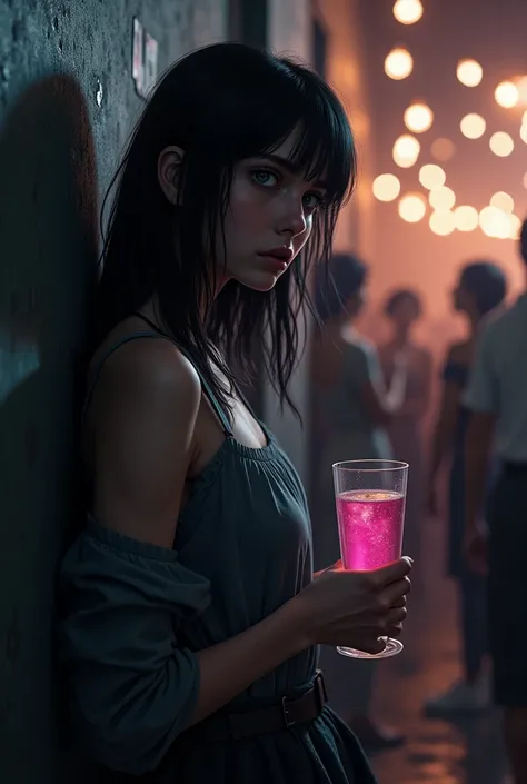 slender woman,black hair leaning against a wall at the back of the party looking straight ahead completely hopeless with a glass cup with a pink liquid 