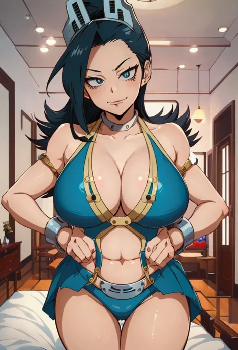 1girl(big Breast ,solo), (masterpiece, best quality:1.2), (defined curves), ryuko tsuchikawa，my hero academia, private teacher，wearing a blue bikini with gold embellishments,handcuffs,modeling in the bed , in a bedroom, (4k)


