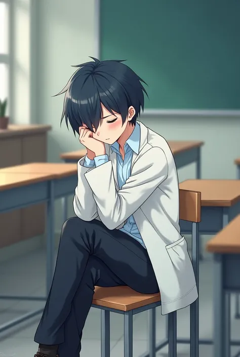 Best quality: 1.0), (super high resolution: 1.0), anime boy, short black hair, blue eyes, white coat, black pants, sleeping on a stool, background in classroom