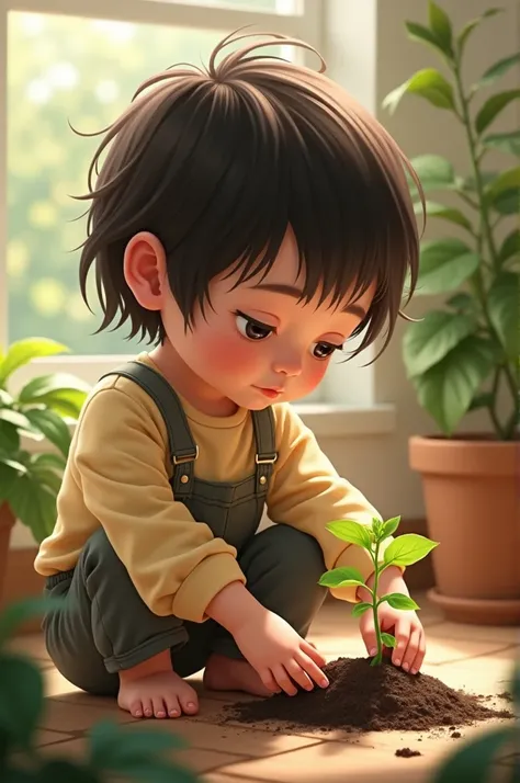 A child is tending a small plant with water.