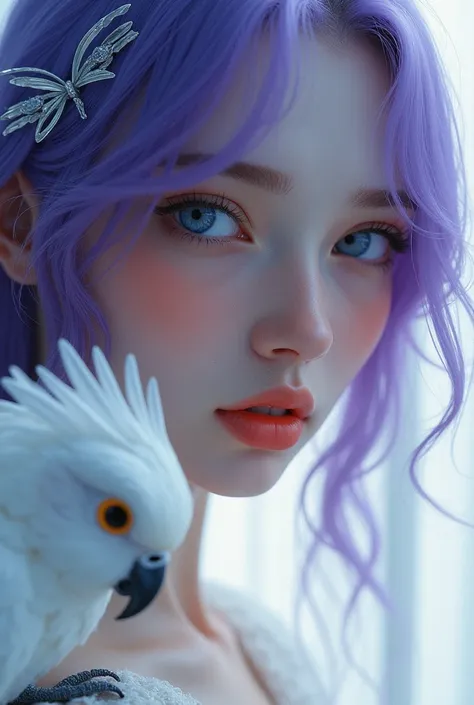 blue eyed woman, white poel, fine rostrum, thin chin, violet hair