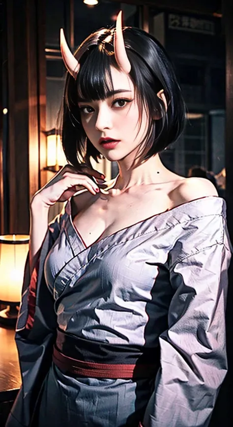 Masterpiece , highlydetailed, Hyperrealistic, fullbodyshot of Haryuu ,oni horns, short black hair, glowing red eyes, kimono off shoulder showing large breasts and clivage, perfect hands, good hands, perfect face features with seductive and serious look, pe...