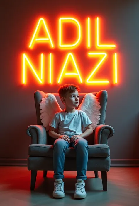 Create a 3D illusion for a profile picture where a 1 cute boy sitting casually on a wingback chair. Wearing sneakers, he looks ahead. The background features "Adil Niazi" in big and capital Orange neon light front on the dark grey wall. There should not be...