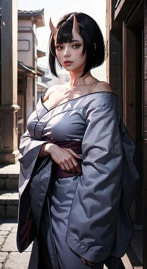 Masterpiece , highlydetailed, Hyperrealistic, fullbodyshot of Haryuu ,oni horns, short black hair, glowing red eyes, kimono off shoulder showing large breasts and clivage, perfect hands, good hands, perfect face features with seductive and serious look, pe...