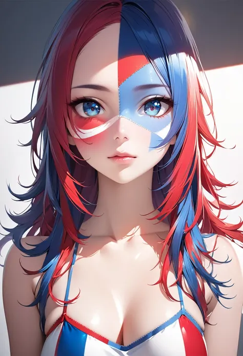 portrait, cool beauty, face painting, for watching sports, striking beautiful eyes, glossy silky messy hair, amorous and lewd expression, perfect proportions, background colorful patchwork reminiscent of national flags, delicate and dynamic textures, contr...