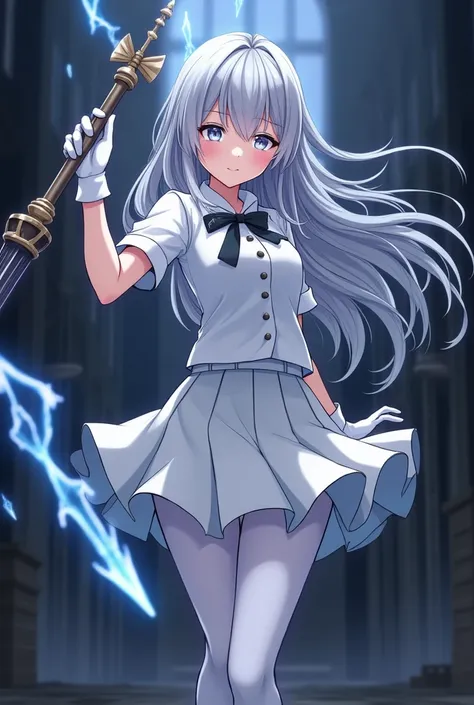 In the Dark，White short-sleeved school uniform，White pleated skirt，white pantyhose，White gloves，Silver long hair anime girl，magic rapier