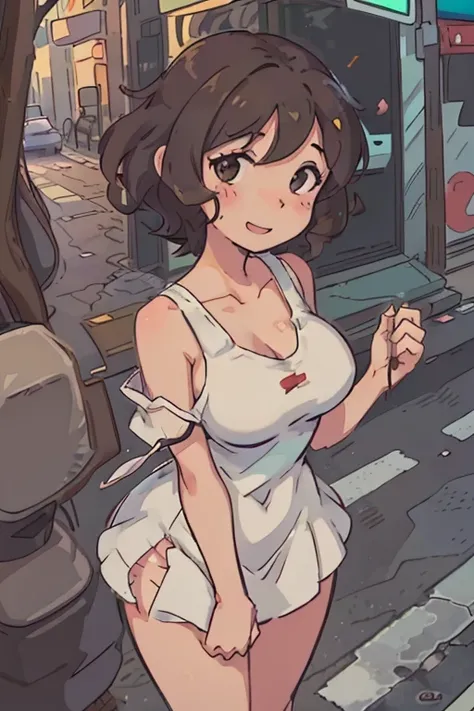 (Best Quality:0.8) Perfect anime illustration, a pretty, happy woman with short brown curly hair on the street in the city, Wearing a low cut mini dress, big breasts, defined legs