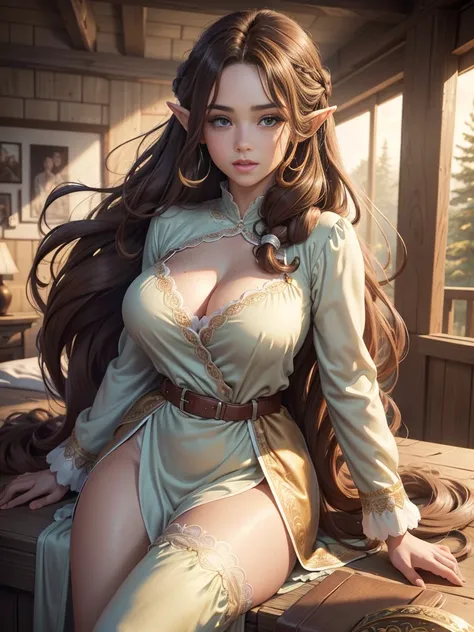 ((best quality))) (((HD))) (((8k))) (character) 20-year-old woman, ((adventurous)) elf, ((beautiful)) and ((happy)), ((brown hair)) and ((long hair)), voluptuous, Brown hair fit body large breasts thick thighs, ((long gown) and (pajamas)), fully clothed,or...