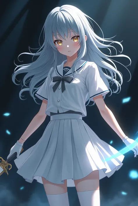 In the Dark，White short-sleeved school uniform，White pleated skirt，white pantyhose，White gloves，Silver long hair anime girl，Magic Western Sword