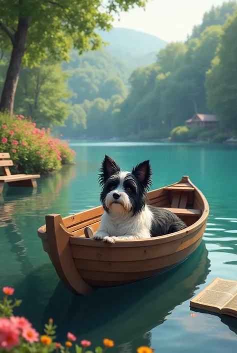 small black and white dog, with white spot on forehead, white tip of the tail, a little hairy one is in a big boat ,in a lake of crystal clear water, in a fantastic place, full of trees and covered with flowers, benches to sit on and books scattered around...