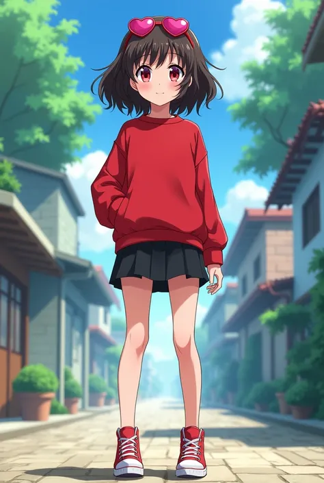 style:Hunter x Hunter Gender: Female age:12 Eyes: Bright crimson hair color: dark coffee,It reaches to the shoulders and is medium fluffy and curly. Appearance:A red sweatshirt,a short black short,red tennis shoes and heart-shaped sunglasses on her head or...