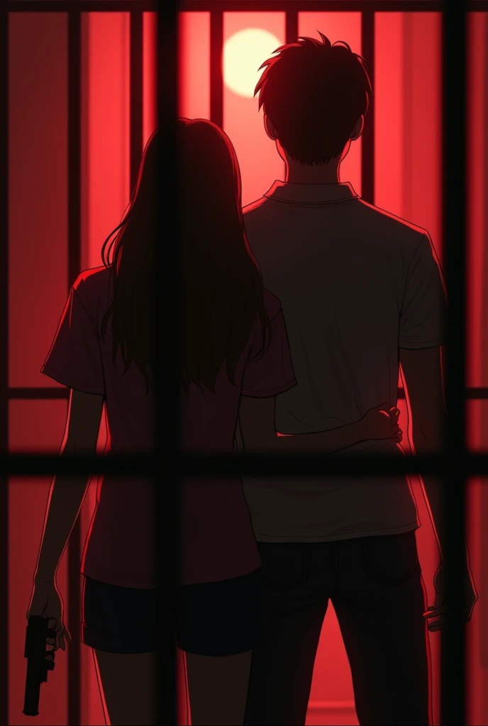 Where a girl and a boy have their backs turned and behind them are bars, where the boy has a gun in his hand and the background is a blurred red with details 