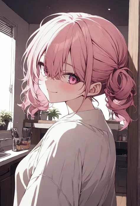 A beautiful  girl is in her apartment, she is wearing casual clothes, has a mischievous smile and her hair is pink wearing an emo shag hairstyle that covers all of her eyes