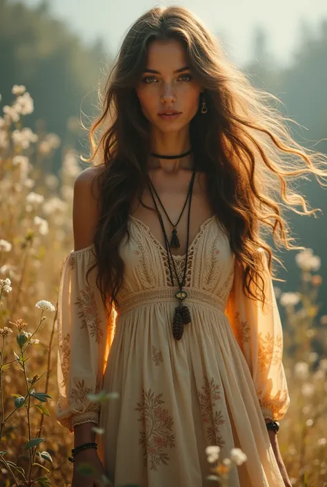 A beautiful girl with long wavy hair, wearing a bohemian dress,