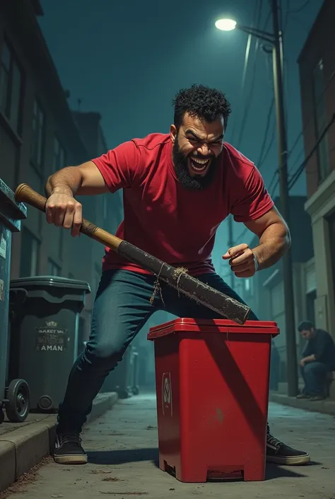 A young men with small beard in red t shirts with evil laugh beat a small red box with a bat on road side near the Dustbin at night