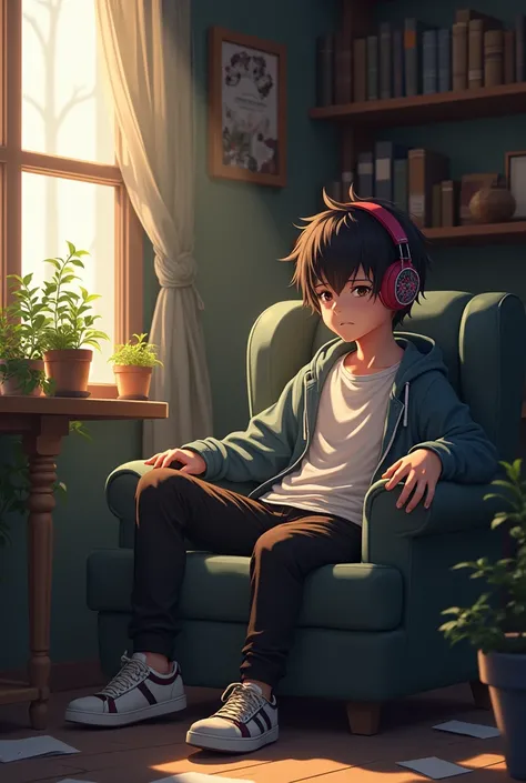 A boy with casual outfit, headphones, wolf cut sitting on a chair left side view in a cozy room with darklights, books, paper, plants , anime version of same picture