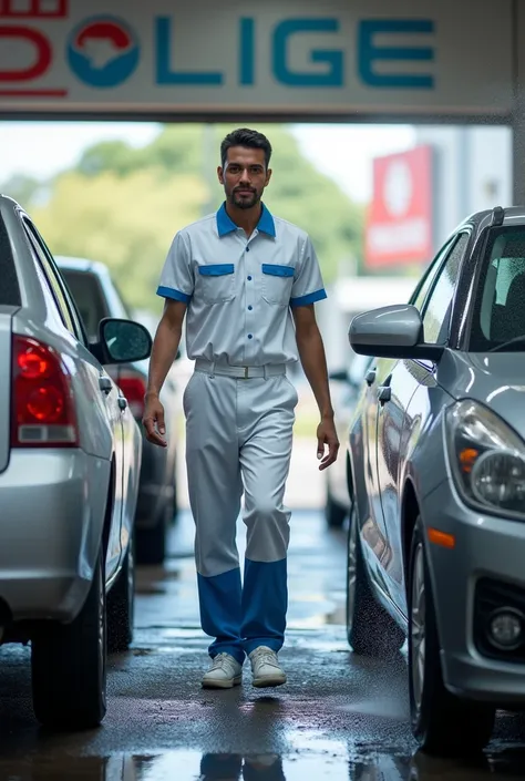 A car wash worker in a white uniform with blue details