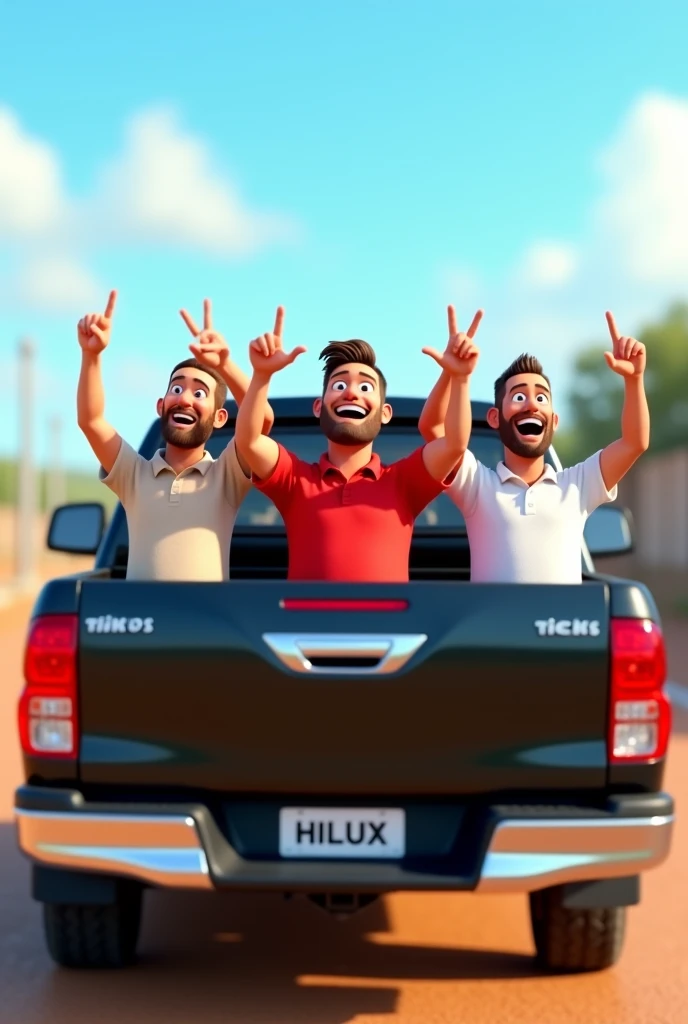 3 men wearing polo shirts,1 with shirt see, another with a red shirt and the other with a white shirt, in the back of a black hilux pickup truck, with arms raised making the number 1 and the number 3 with your hands, happy, Pixar-style, 3D style