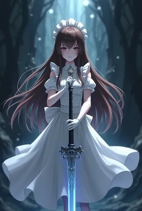 In the Dark，White maid outfit，white pantyhose，White gloves，Brown long hair anime girl，Magical Samurai Sword