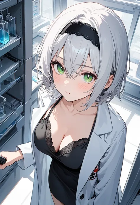 8K, top-quality, masterpiece,Super Detail, Highly detailed,beautifully detailed eyes,highest quality,super detailed,detailed face,lab,1 girl,black hairband,scrawny,wear white lab coat,BREAK,large breasts,(shortcut),((pale white hair)),BREAK,cleavage,black ...