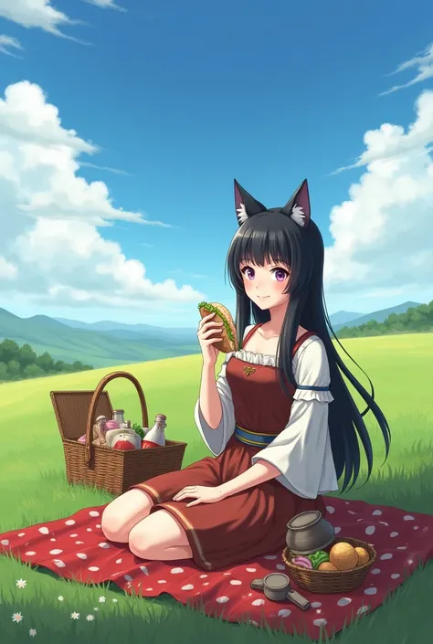 A nekojin woman in her mid 20s, purple eyes, traditional medieval dress in the color of brown and white, purple eyes, above average physique, smooth black hair that reaches towards her mid back. Having a picnic basket with various goods holding a ham sandw...